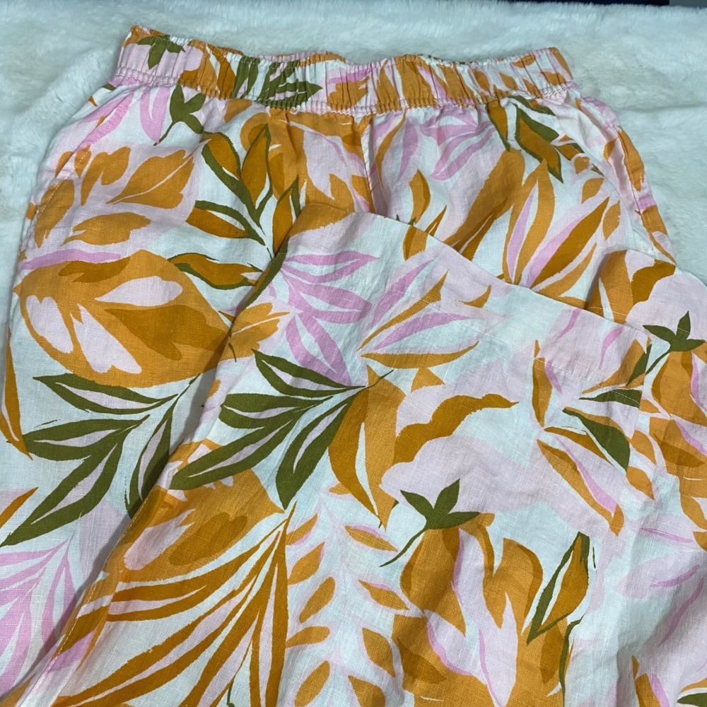 C & C California Linen Crop Pants Leaf Print Elastic Waist Summer‎ M
